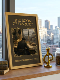 The Book of Disquiet Classic Book Art Print by Fernando Pessoa – framed print on a city-view windowsill
