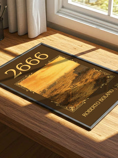 2666 Classic Book Art Print by Roberto Bolaño – print on a sunlit desk