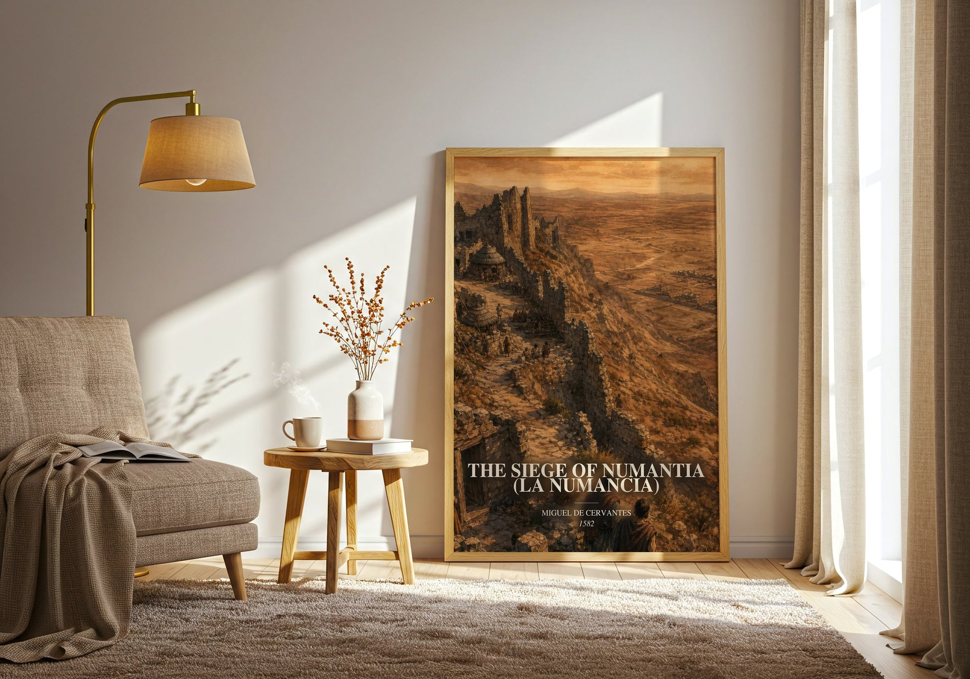 The Siege Of Numantia (La Numancia) watercolour print in frame leaning in hallway – classic literature wall art
