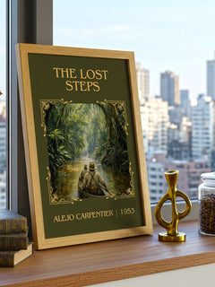 The Lost Steps Classic Book Art Print by Alejo Carpentier – framed print on a city-view windowsill