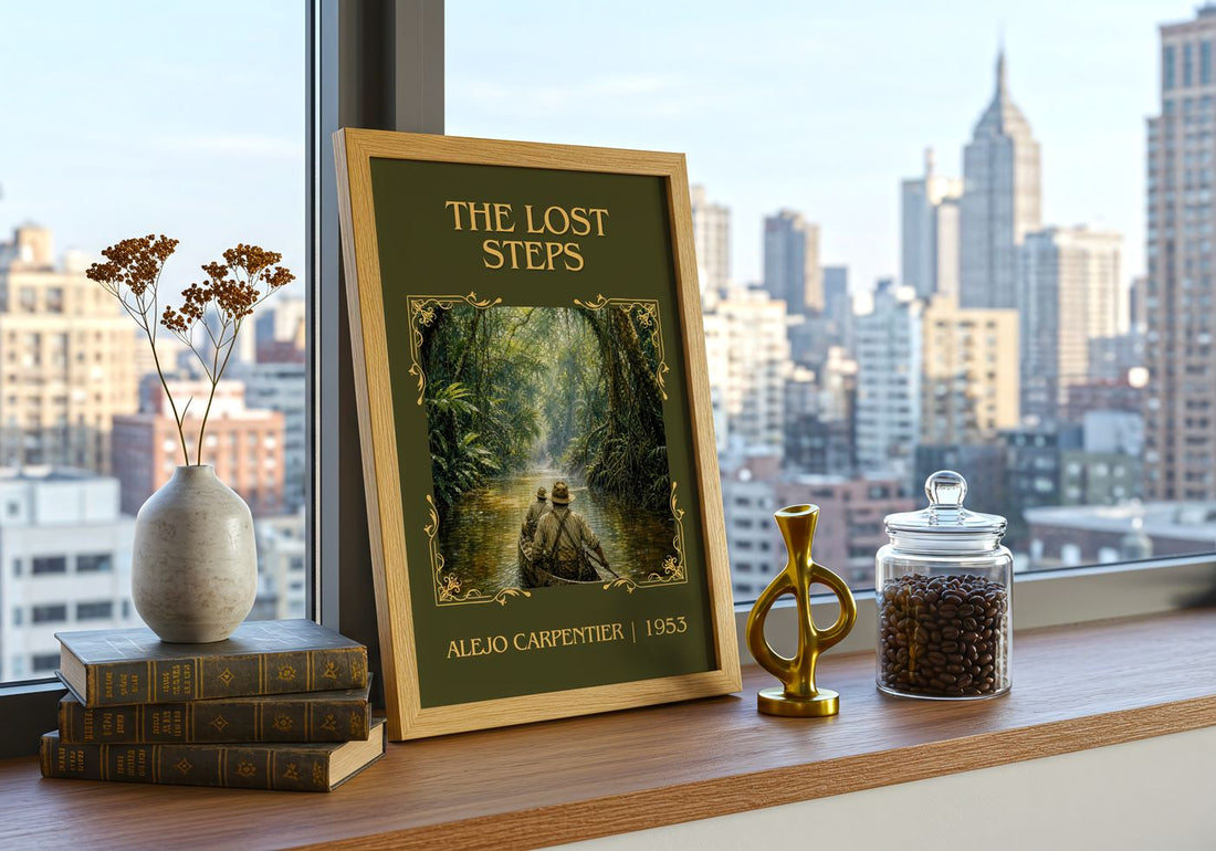The Lost Steps Classic Book Art Print by Alejo Carpentier – framed print on a city-view windowsill