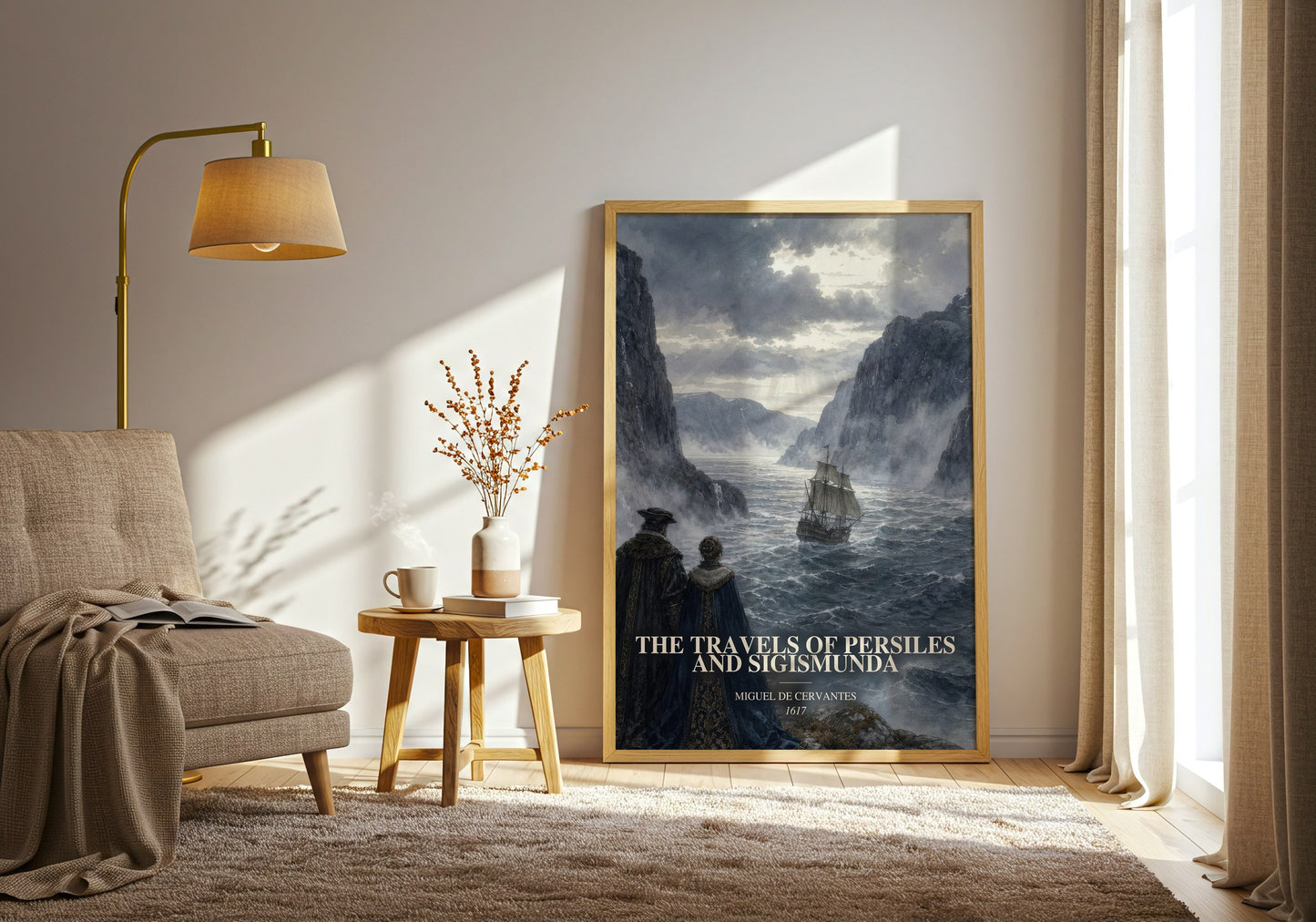 The Travels Of Persiles And Sigismunda watercolour print in frame leaning in hallway – adventure wall art