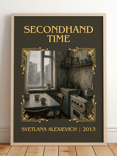 Secondhand Time Classic Book Art Print by Svetlana Alexievich – framed print leaning on a wooden floor