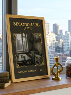 Secondhand Time Classic Book Art Print by Svetlana Alexievich – framed print on a city-view windowsill