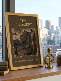 The President Classic Book Art Print by Miguel Angel Asturias – framed print on a city-view windowsill