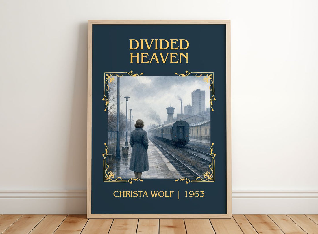 Divided Heaven Classic Book Art Print by Christa Wolf – framed print leaning on a wooden floor