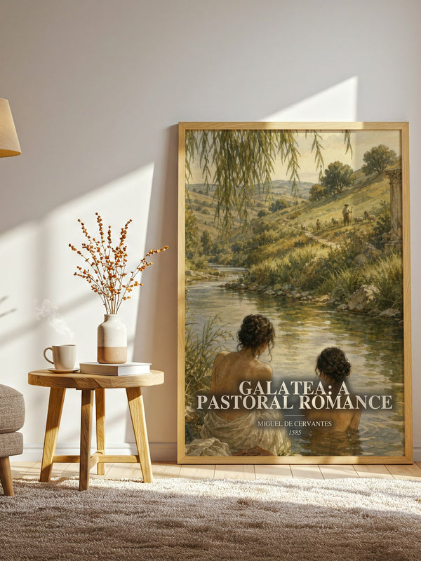 Galatea: A Pastoral Romance watercolour print in frame leaning in hallway – classic literature wall art