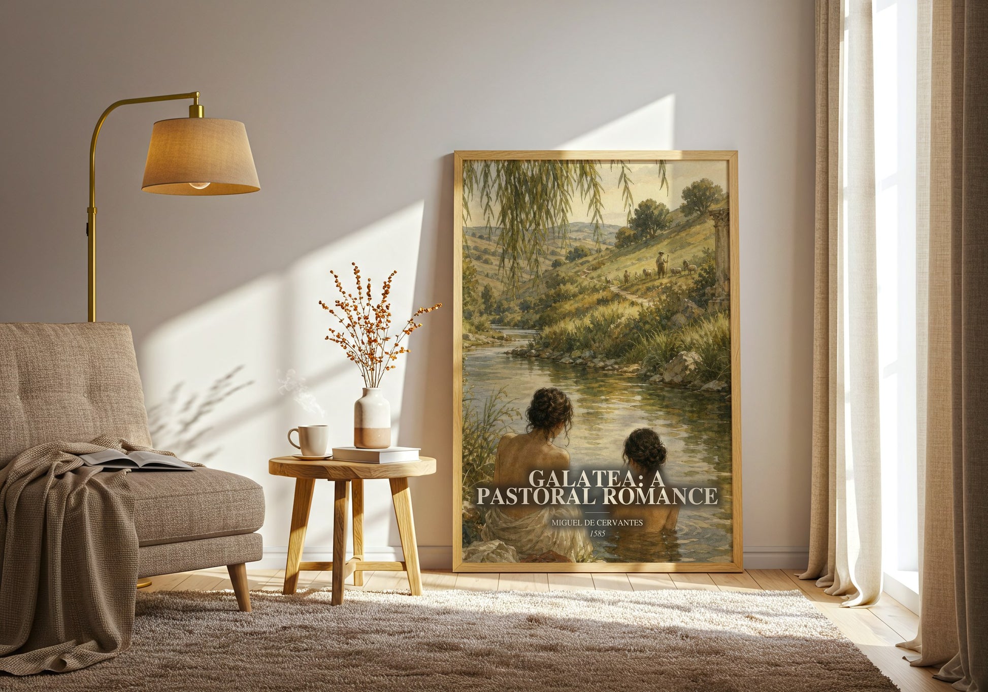 Galatea: A Pastoral Romance watercolour print in frame leaning in hallway – classic literature wall art