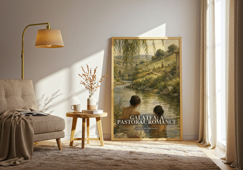 Galatea: A Pastoral Romance watercolour print in frame leaning in hallway – classic literature wall art
