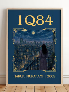1Q84 Classic Book Art Print by Haruki Murakami – framed print leaning on a wooden floor