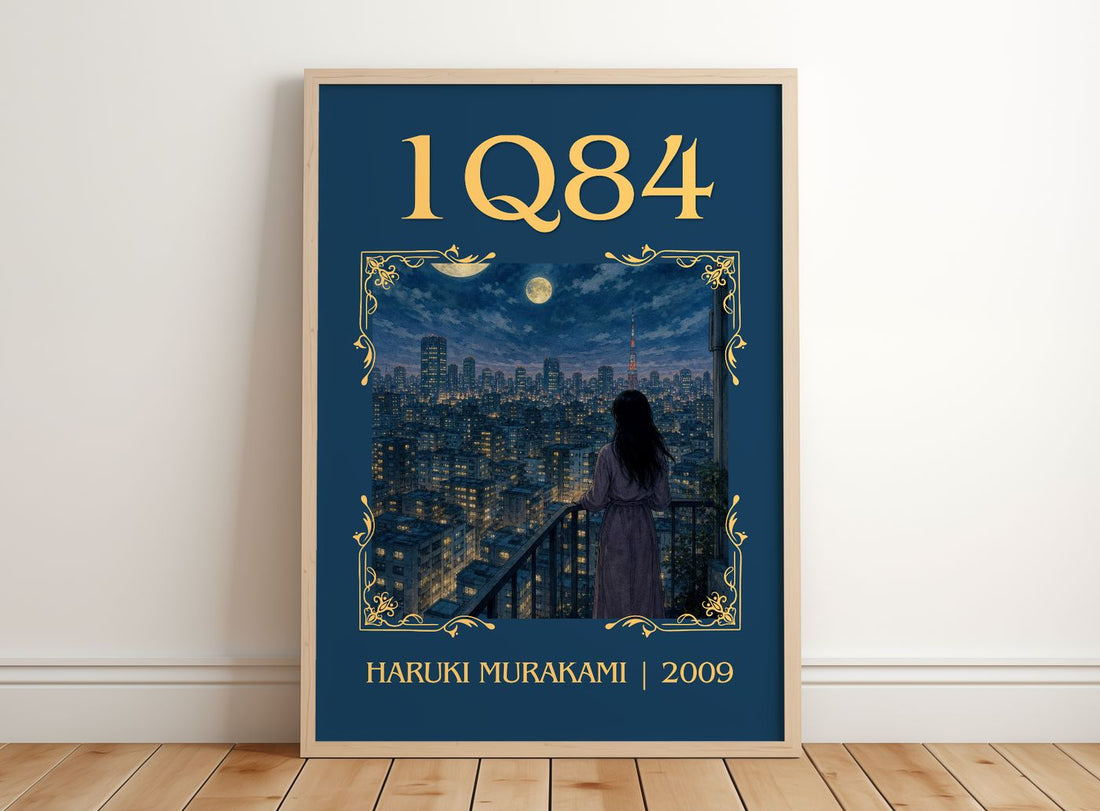1Q84 Classic Book Art Print by Haruki Murakami – framed print leaning on a wooden floor