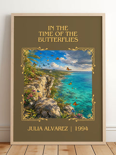 In the Time of the Butterflies Classic Book Art Print by Julia Alvarez – framed print leaning on a wooden floor