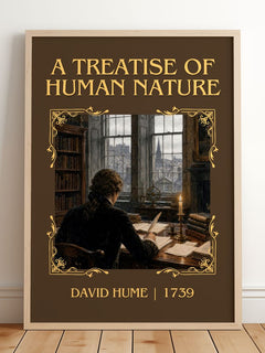 A Treatise of Human Nature Classic Book Art Print by David Hume – framed print leaning on a wooden floor