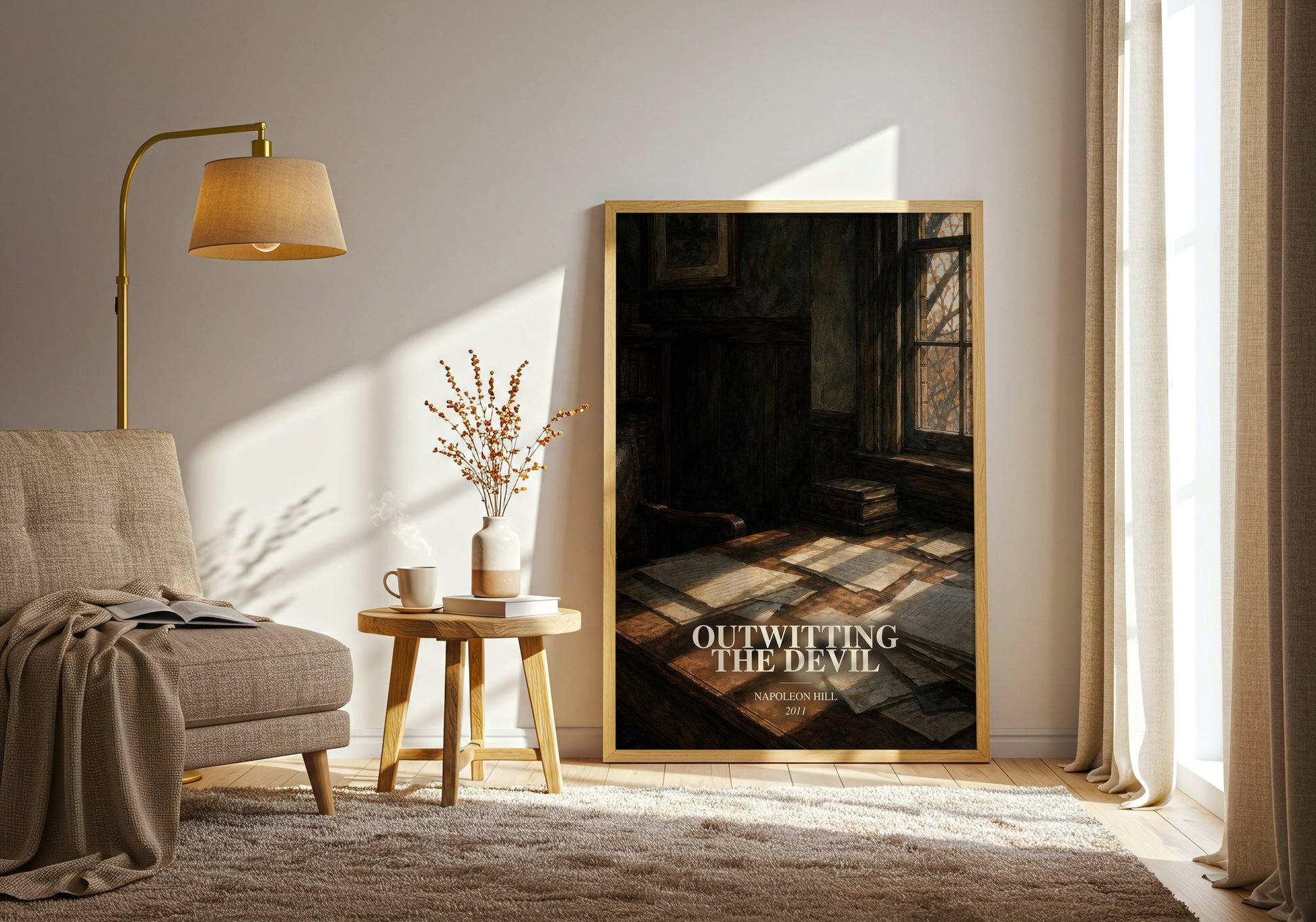 Outwitting The Devil watercolour print in frame leaning in hallway – non fiction wall art