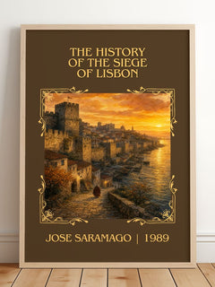 History of the Siege of Lisbon Classic Book Art Print by José Saramago – framed print leaning on a wooden floor
