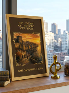 History of the Siege of Lisbon Classic Book Art Print by José Saramago – framed print on a city-view windowsill