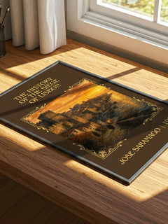 History of the Siege of Lisbon Classic Book Art Print by José Saramago – print on a sunlit desk