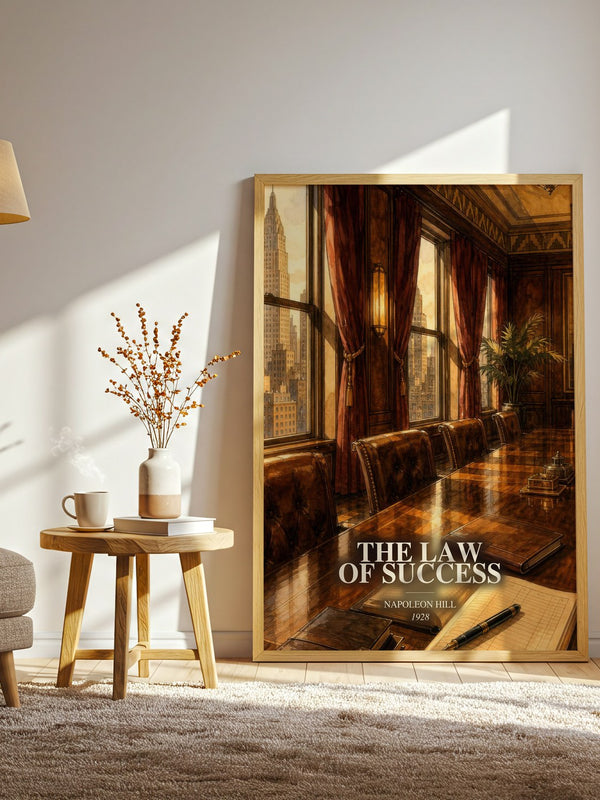 The Law Of Success watercolour print in frame leaning in hallway – non fiction wall art