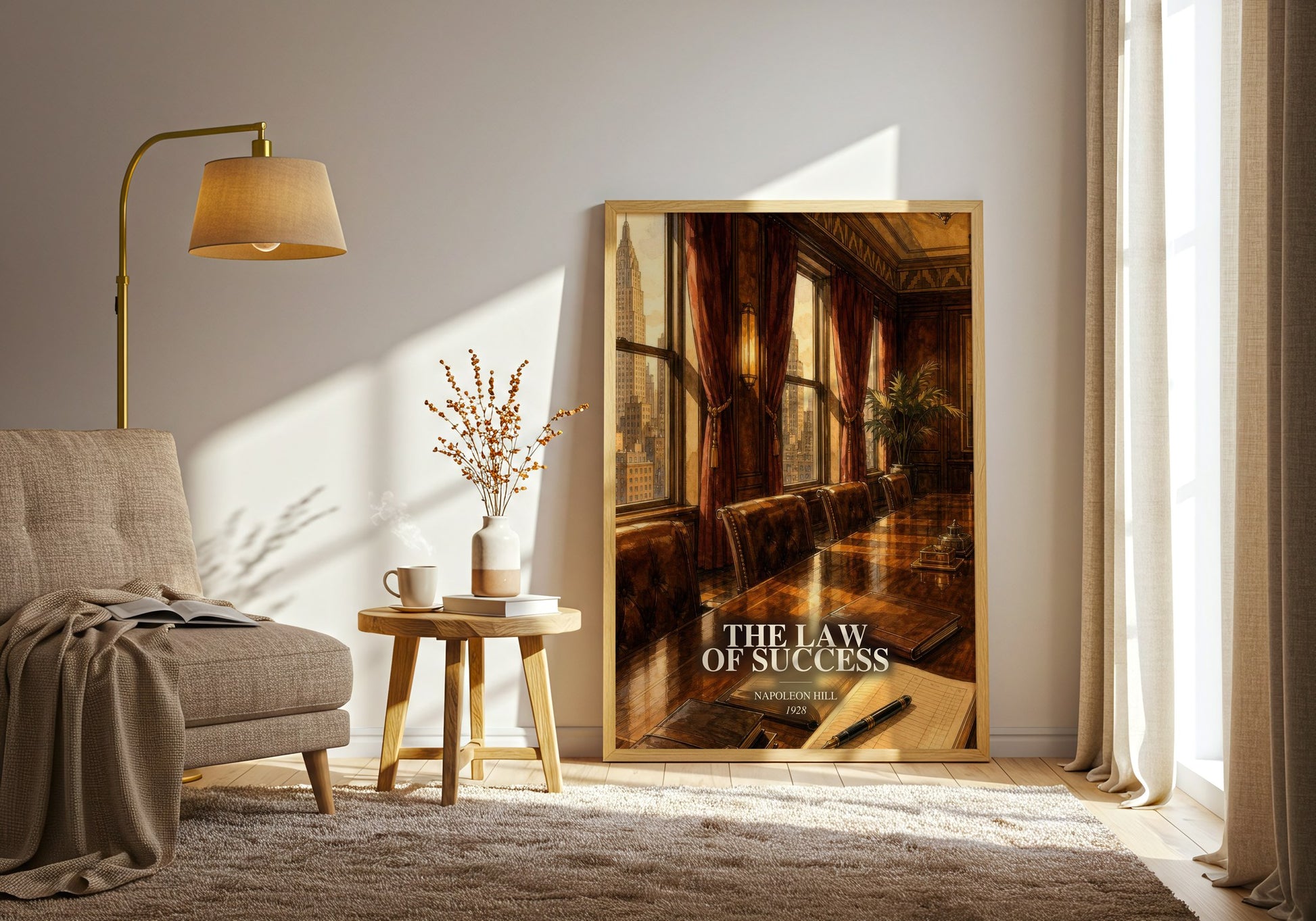 The Law Of Success watercolour print in frame leaning in hallway – non fiction wall art