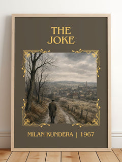 The Joke Classic Book Art Print by Milan Kundera – framed print leaning on a wooden floor
