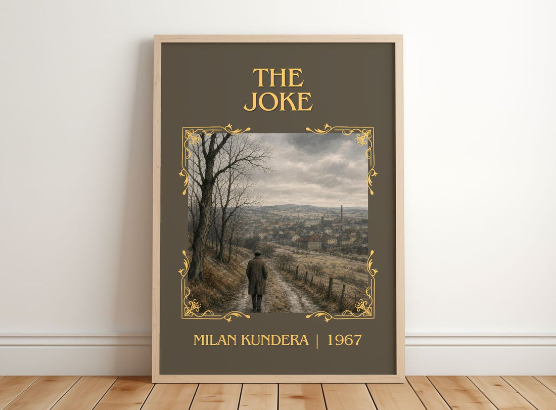 The Joke Classic Book Art Print by Milan Kundera – framed print leaning on a wooden floor