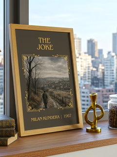 The Joke Classic Book Art Print by Milan Kundera – framed print on a city-view windowsill