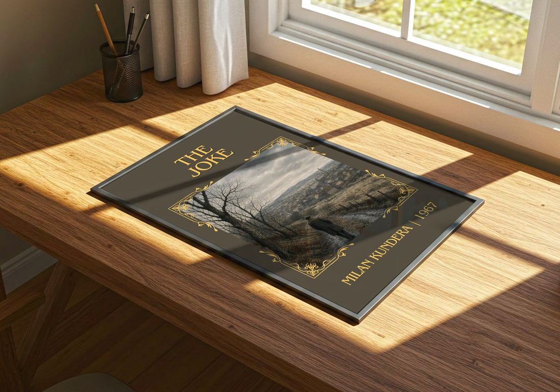 The Joke Classic Book Art Print by Milan Kundera – print on a sunlit desk
