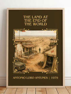 Land At The End Of The World Classic Book Art Print by A. Antunes – framed print leaning on a wooden floor