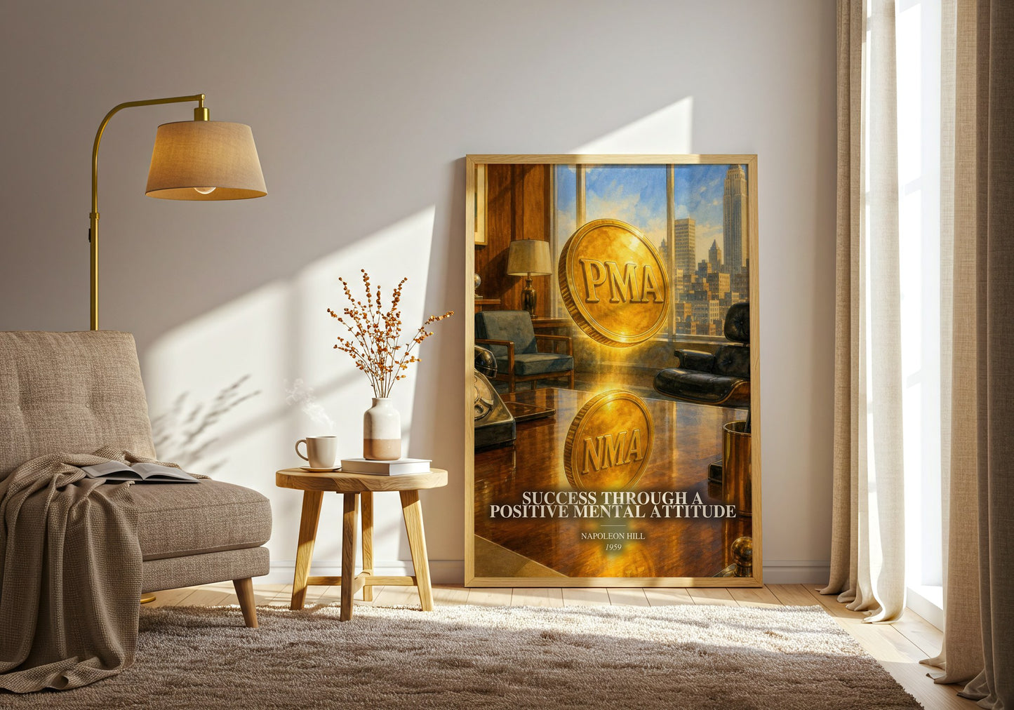 Success Through A Positive Mental Attitude watercolour print in frame leaning in hallway – non fiction wall art