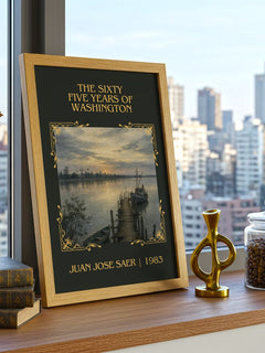 Sixty Five Years Of Washington Classic Book Art Print by J. Saer – framed print on a city-view windowsill
