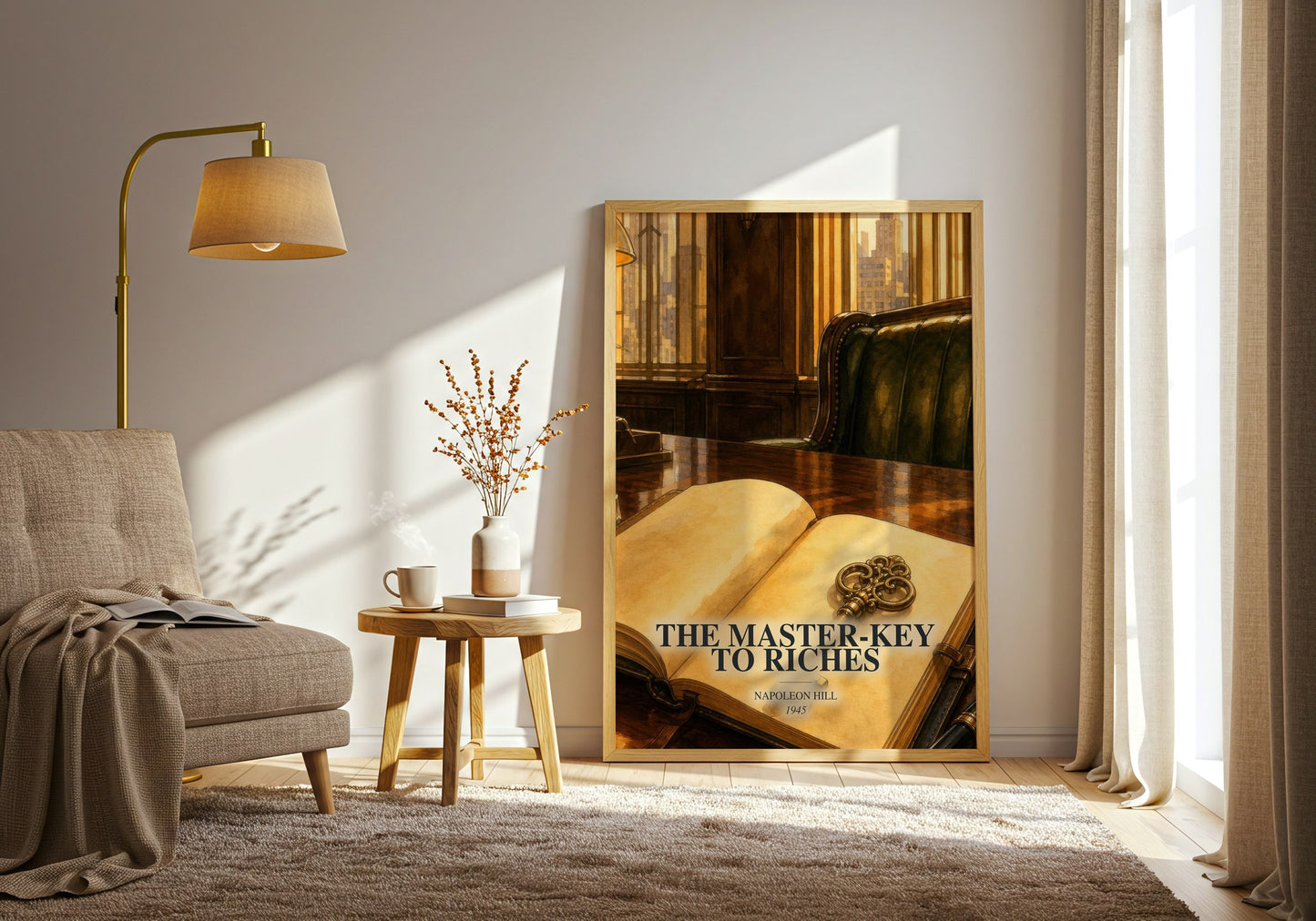 The Master-Key To Riches watercolour print in frame leaning in hallway – non fiction wall art