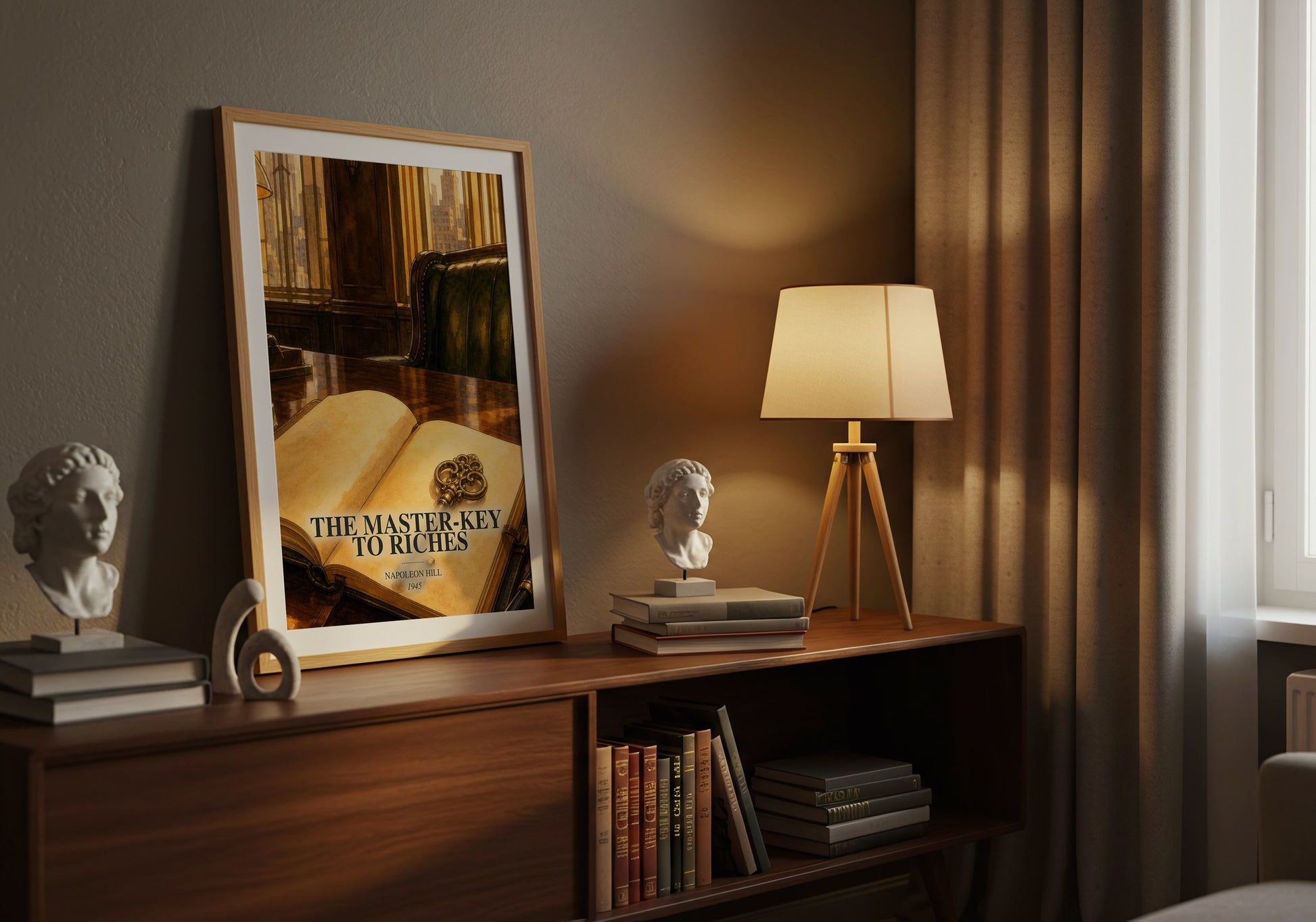 The Master-Key To Riches watercolour print on bookshelf – Napoleon Hill fan gift