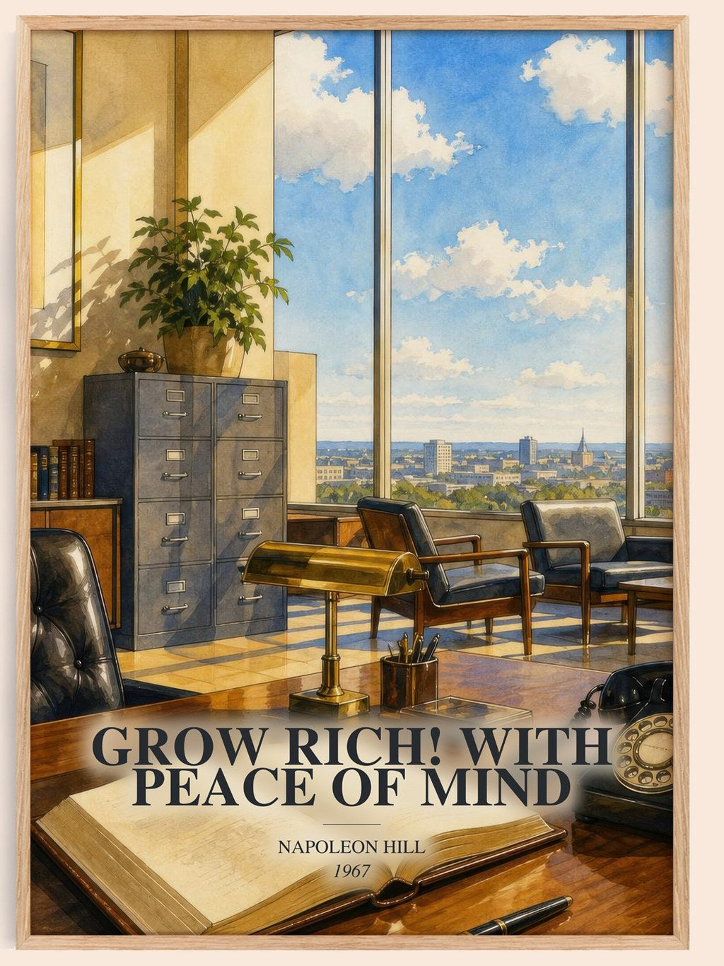 Grow Rich! With Peace Of Mind watercolour book poster by Napoleon Hill – framed literary art print