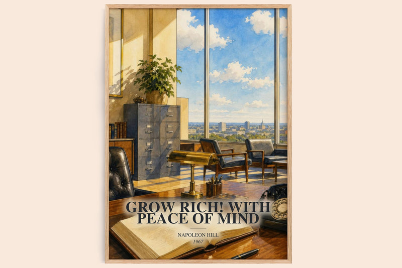 Grow Rich! With Peace Of Mind watercolour book poster by Napoleon Hill – framed literary art print