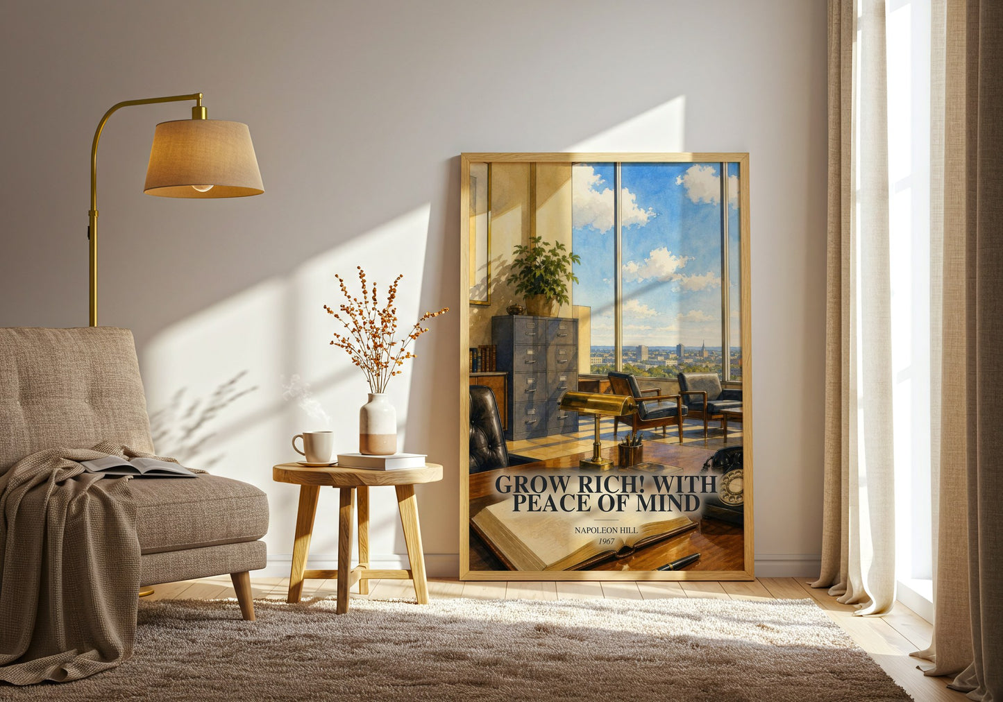 Grow Rich! With Peace Of Mind watercolour print in frame leaning in hallway – non fiction wall art