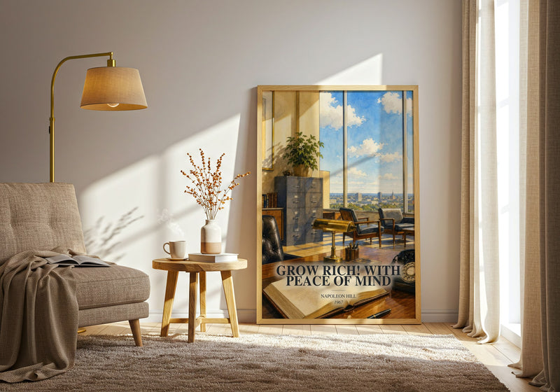 Grow Rich! With Peace Of Mind watercolour print in frame leaning in hallway – non fiction wall art