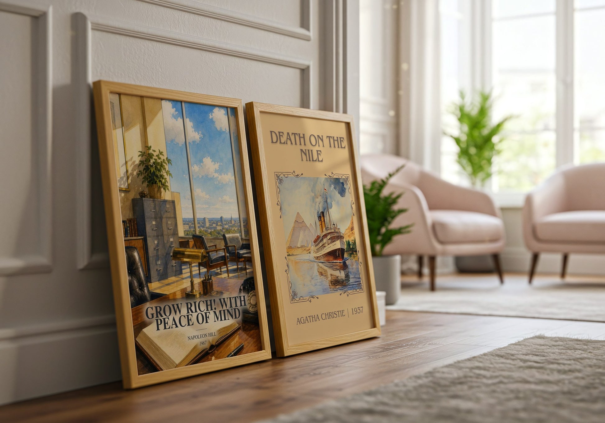 Grow Rich! With Peace Of Mind watercolour print framed by window – literary home decor