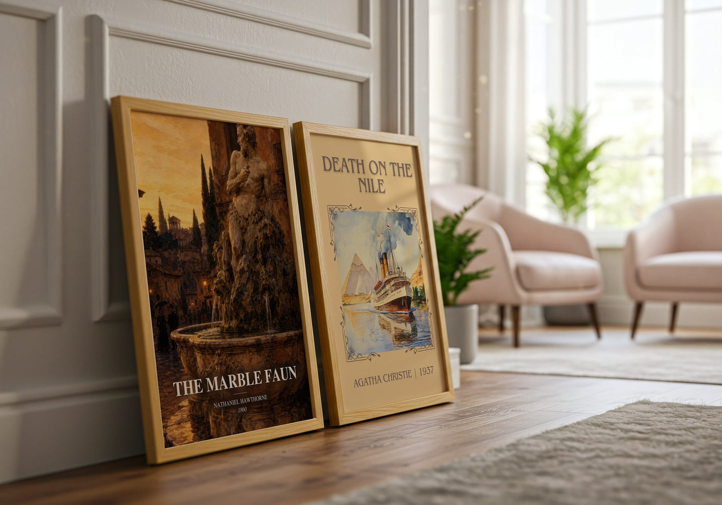 The Marble Faun watercolour print framed by window – literary home decor