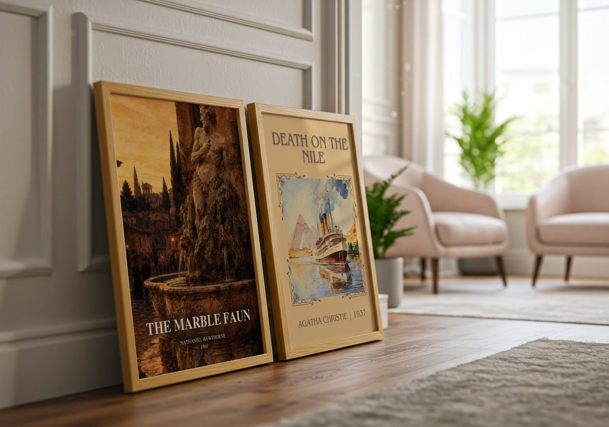 The Marble Faun watercolour print framed by window – literary home decor
