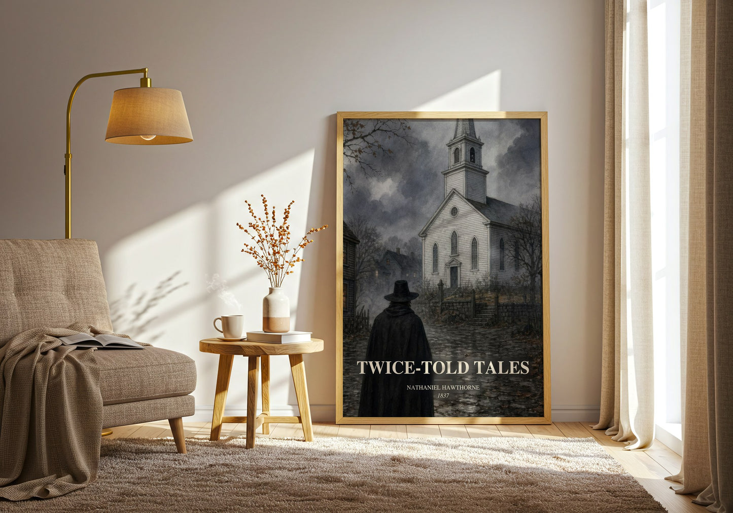 Twice-Told Tales watercolour print in frame leaning in hallway – classic literature wall art