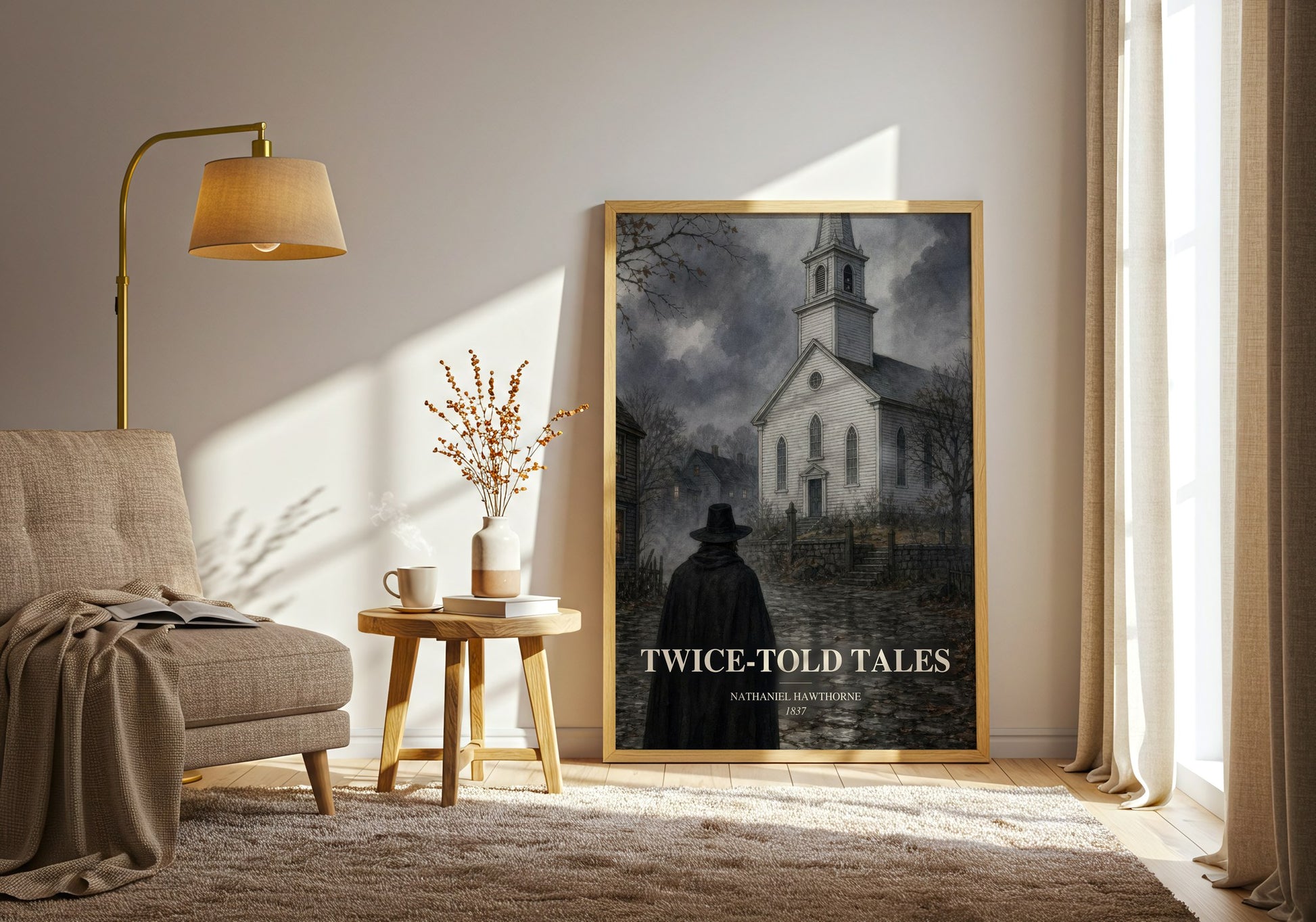 Twice-Told Tales watercolour print in frame leaning in hallway – classic literature wall art