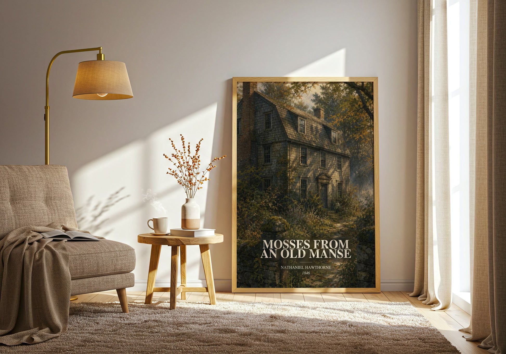 Mosses From An Old Manse watercolour print in frame leaning in hallway – classic literature wall art