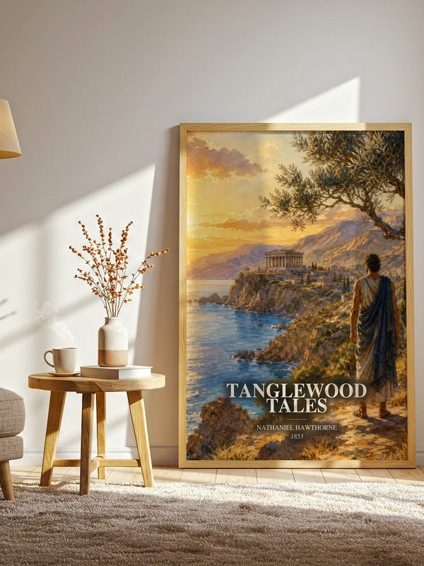 Tanglewood Tales watercolour print in frame leaning in hallway – childrens wall art