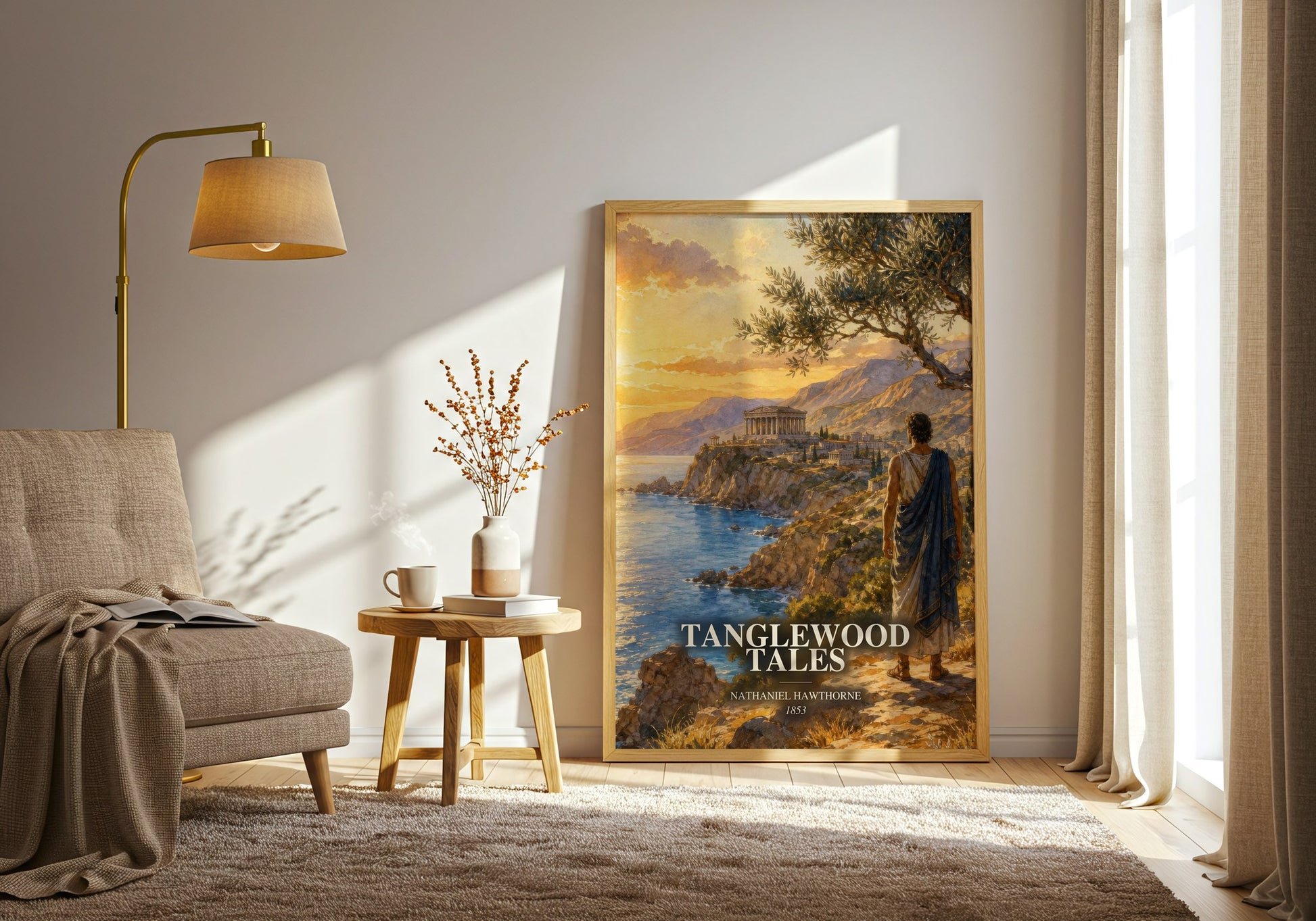 Tanglewood Tales watercolour print in frame leaning in hallway – childrens wall art