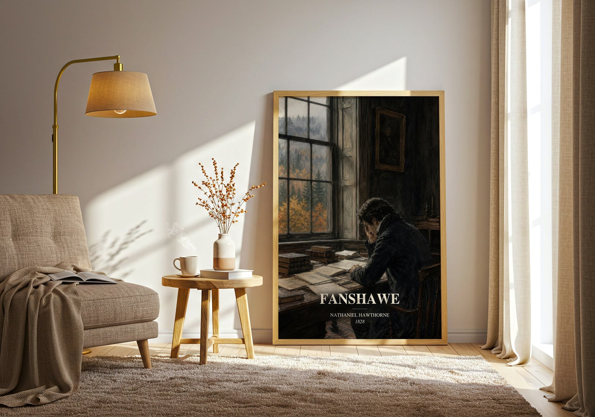Fanshawe watercolour print in frame leaning in hallway – classic literature wall art