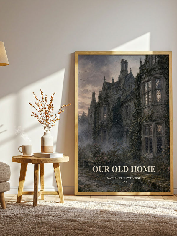 Our Old Home watercolour print in frame leaning in hallway – non fiction wall art