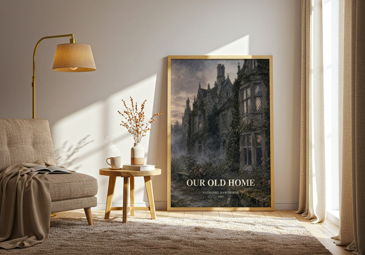 Our Old Home watercolour print in frame leaning in hallway – non fiction wall art