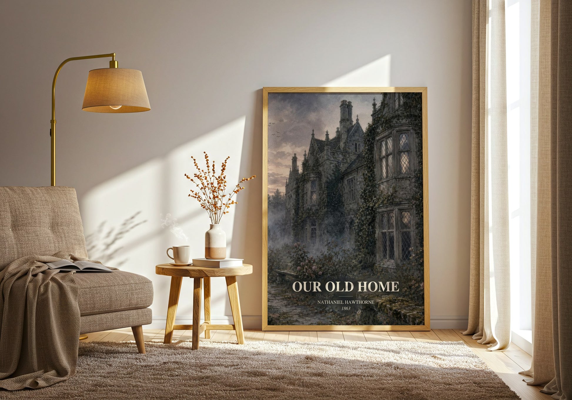 Our Old Home watercolour print in frame leaning in hallway – non fiction wall art