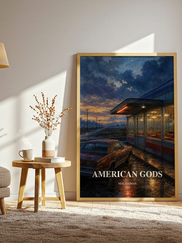 American Gods watercolour print in frame leaning in hallway – fantasy wall art