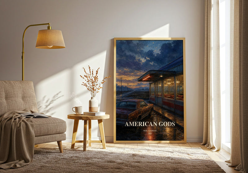 American Gods watercolour print in frame leaning in hallway – fantasy wall art